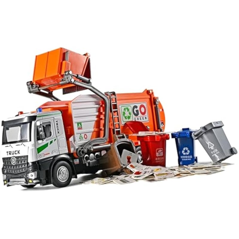 Front Loader Arm Toy Garbage Truck with Auto Lift Function,Diecast Garbage Truck Metal Cab,Friction Powered Garbage Truck Toy with Lights and Sounds,Garbage Trucks for Boys Age 4-7（Orange） - Image 1